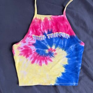 tie dye “stop trippin” halter crop top